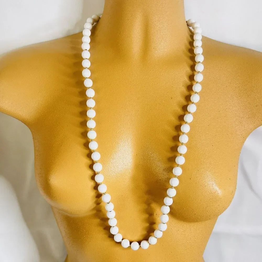 Vintage Monet Necklace White Gold Beaded Beads Strand  30” Gold Clasp 1038
